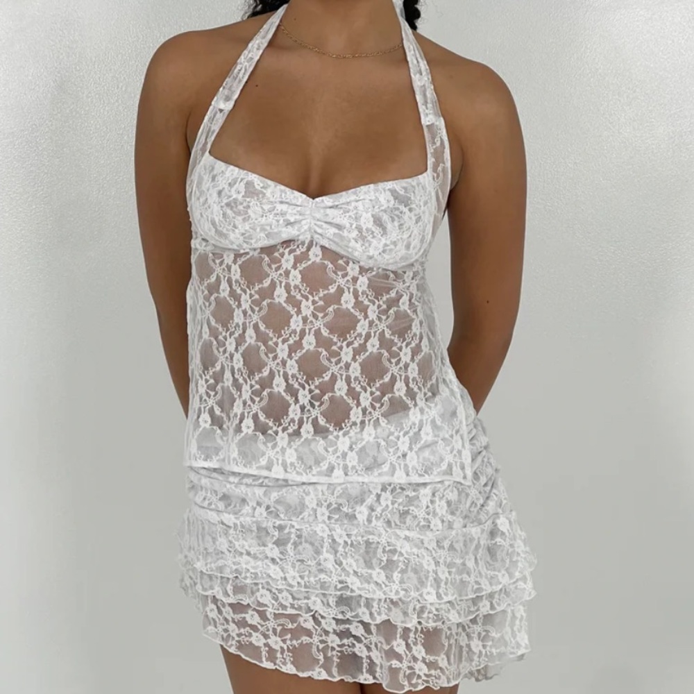y2k white lace floral mesh halter plunge tank top backless